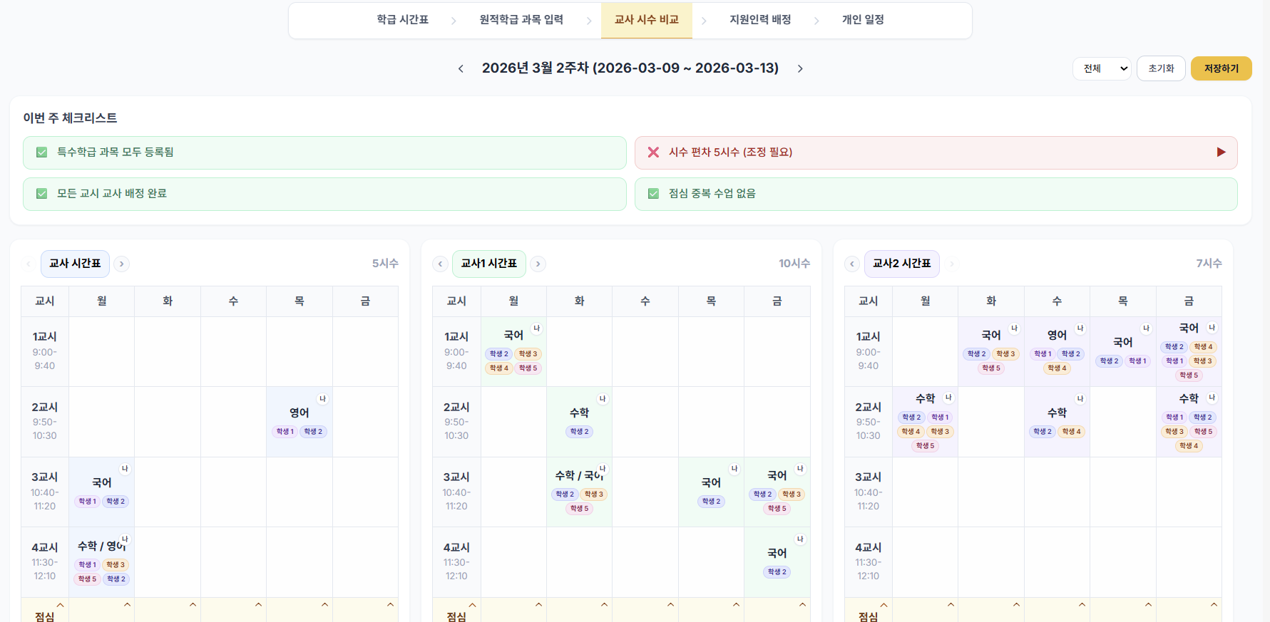 교사 시수 비교 화면
